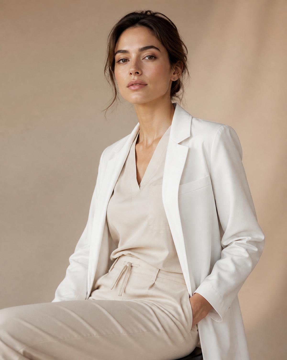 Healthcare professional in tailored cream uniform