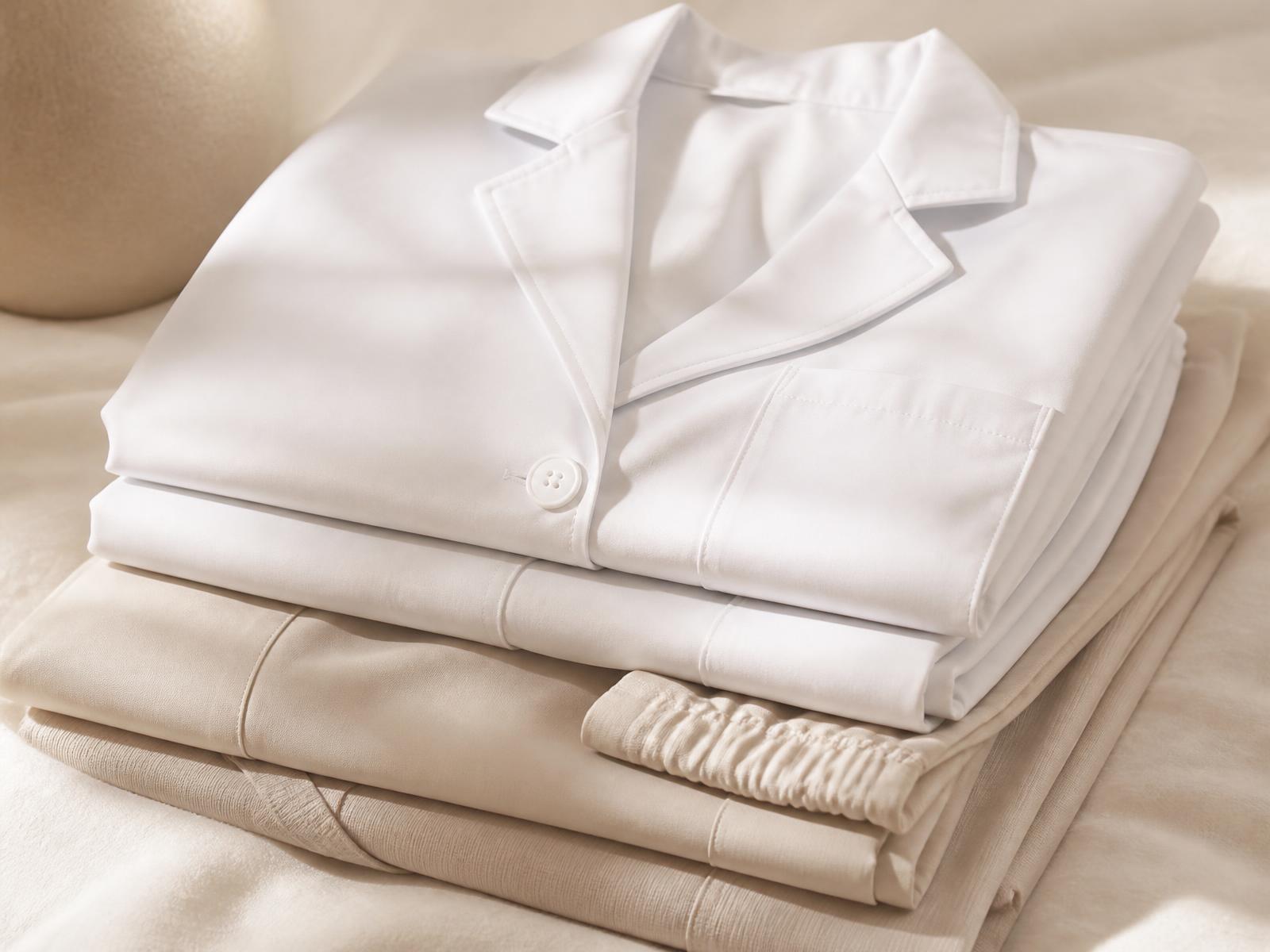 Folded stack of lab coats and scrubs
