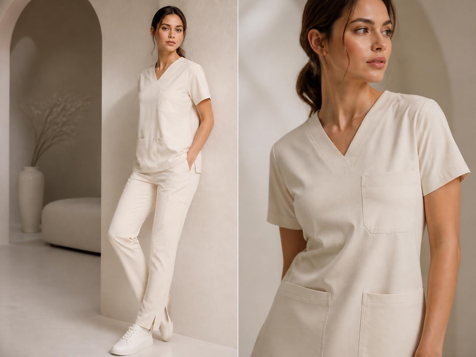 Model wearing premium cream scrubs