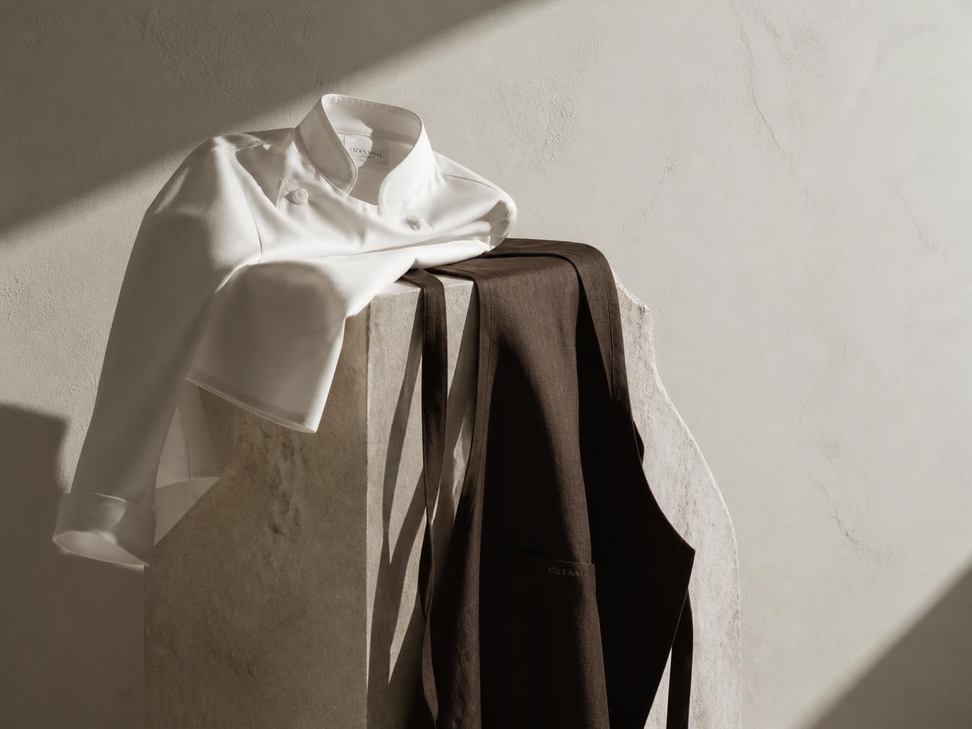 Chef coat, linen apron and chef hat