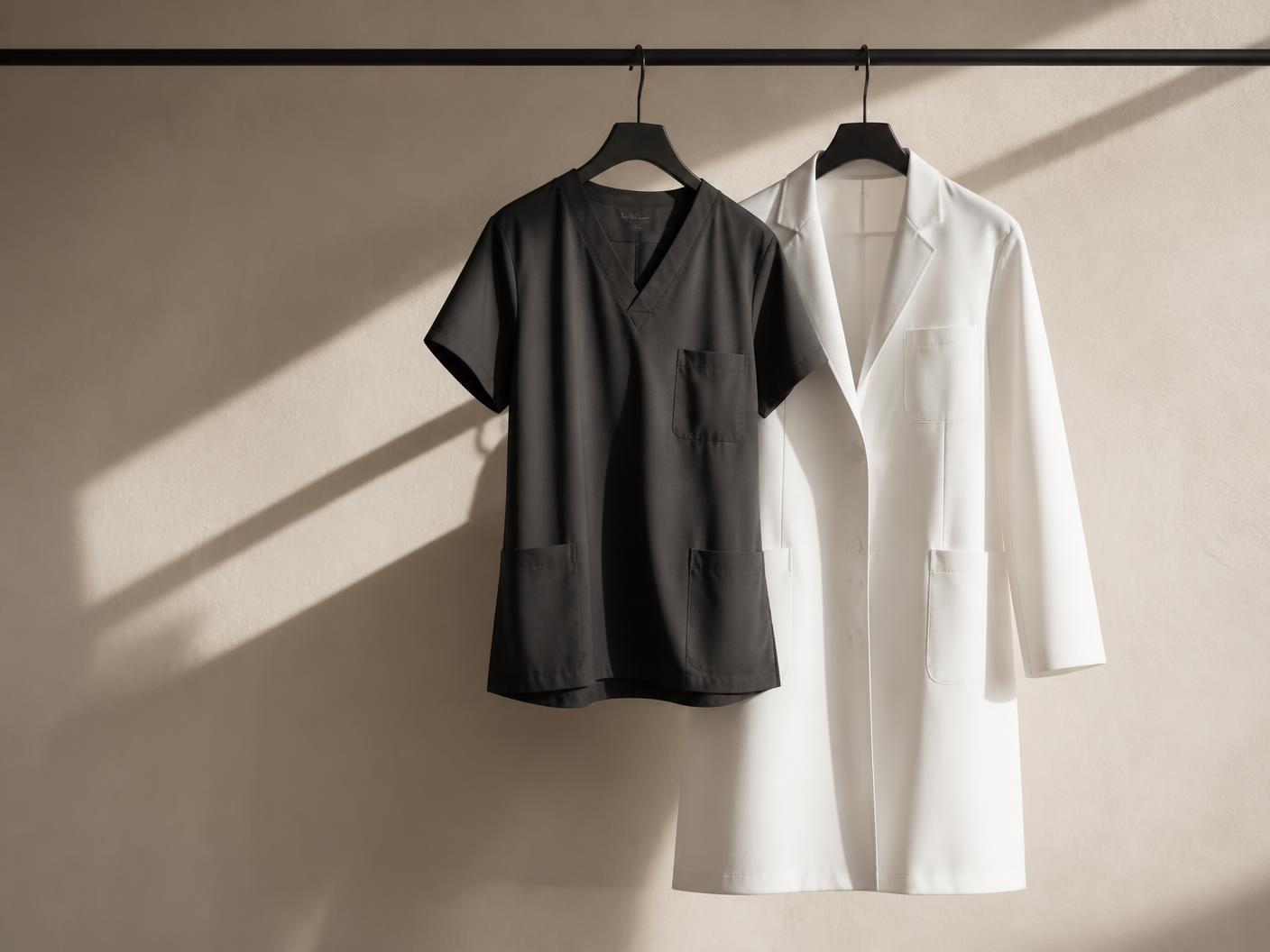 Folded scrubs and a lab coat